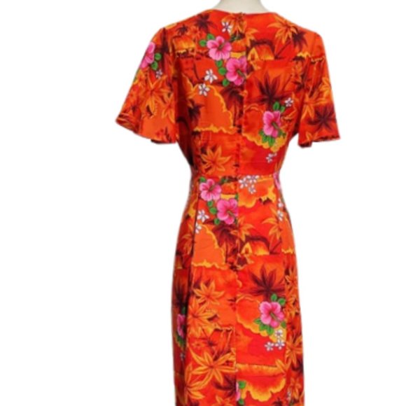 Bright Orange Tropical 1970s Vintage Hawaiian Floral Print Dress Flutter Sleeves - Picture 2 of 7